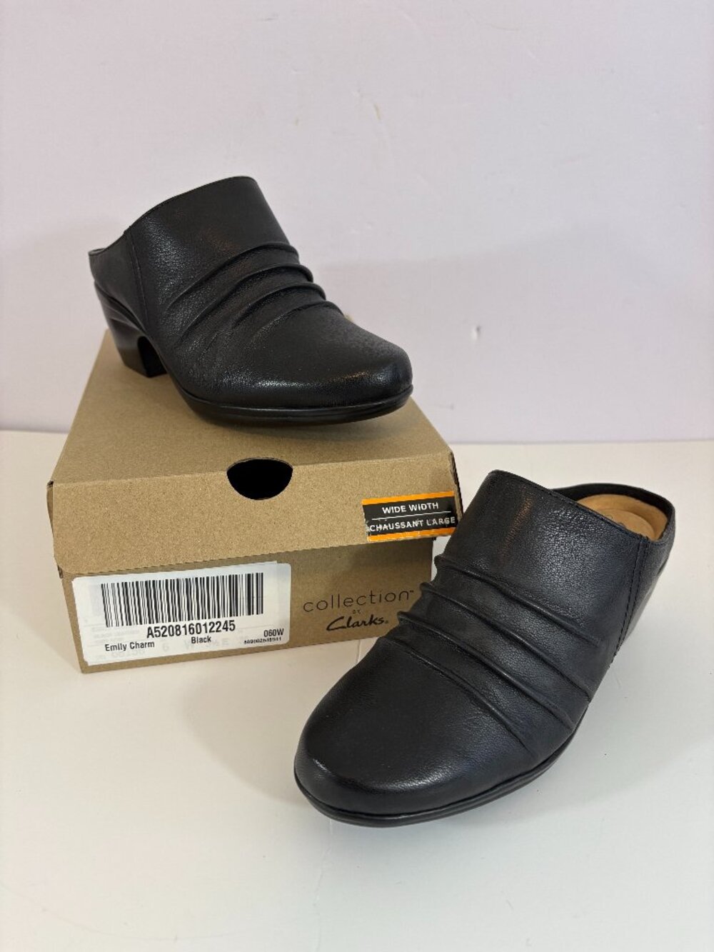Clarks Emily Charm Black Leather Heeled Mules Clogs 6 Wide